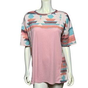 Heimish USA Southwestern Aztec Print Pink & Turquoise Mixed Short Sleeve Top L